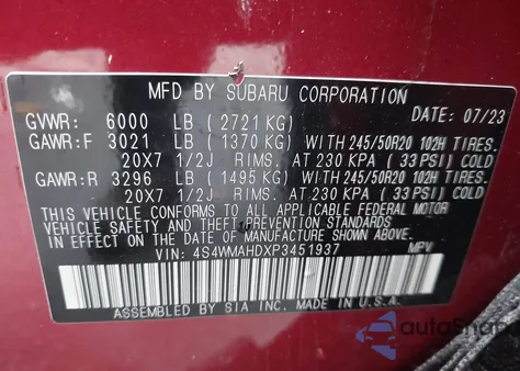 2023 Subaru Ascent Onyx Edition 7-Passenger z USA, uszkodzony, nr VIN 4S4WMAHDXP3451937